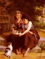 Emile Munier - Deux Filles Avec Un Panier De Chatons